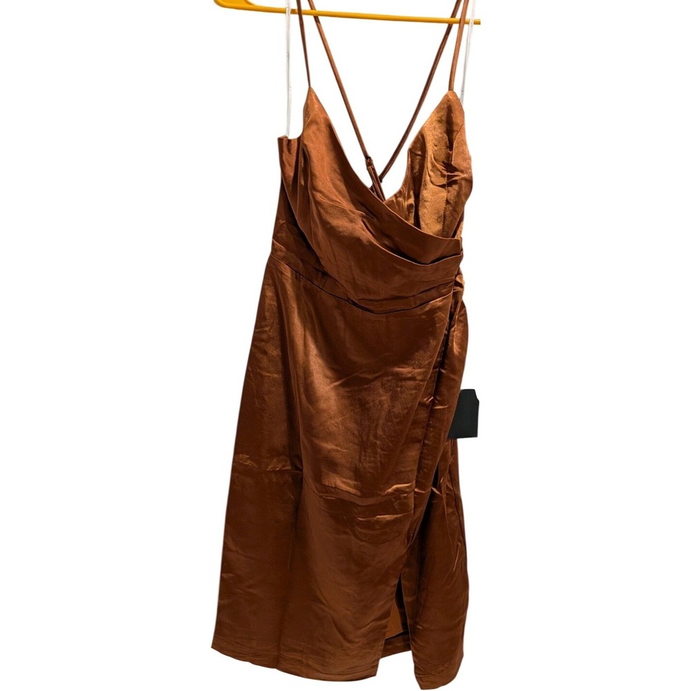 Lulus Brown Satin Surplice V-Neck Strappy Sleeveless Wrap Knee Dress S